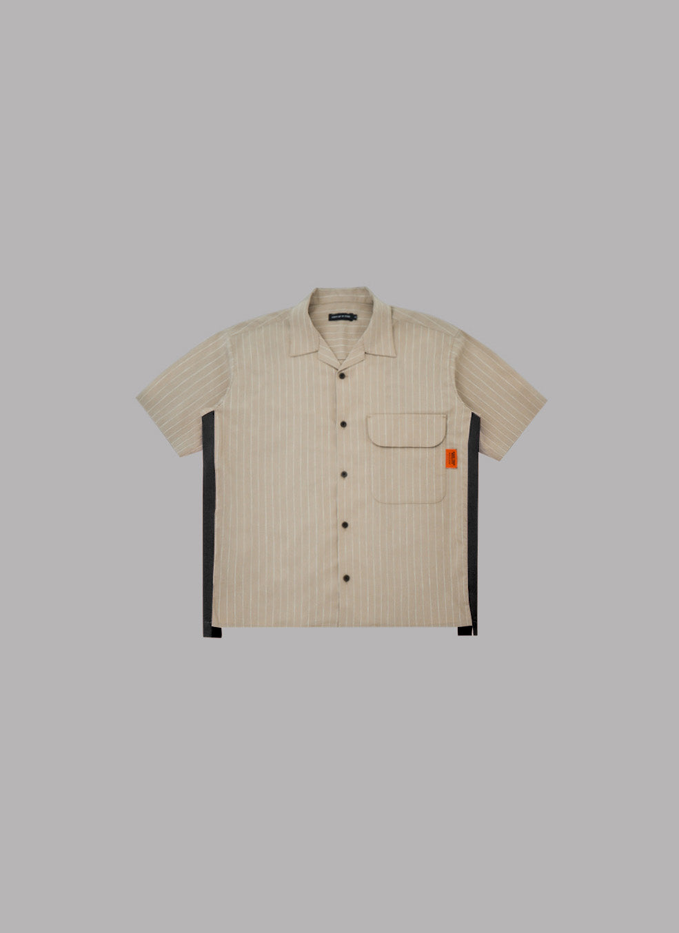 SIDE STRIPE OPEN COLLAR LINEN SHIRT-BEIGE