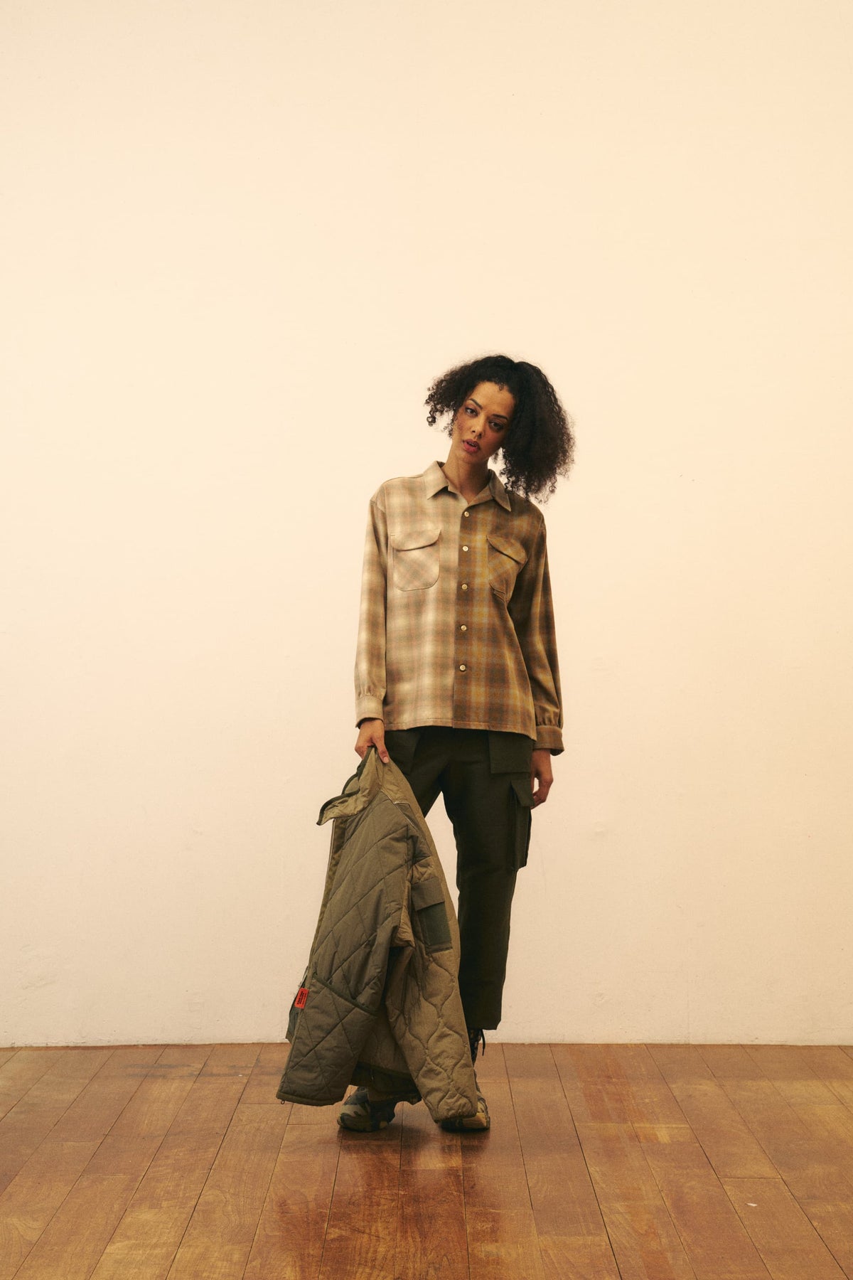 AOOS X PENDLETON OPEN COLLAR CHECKED SHIRT-BEIGE