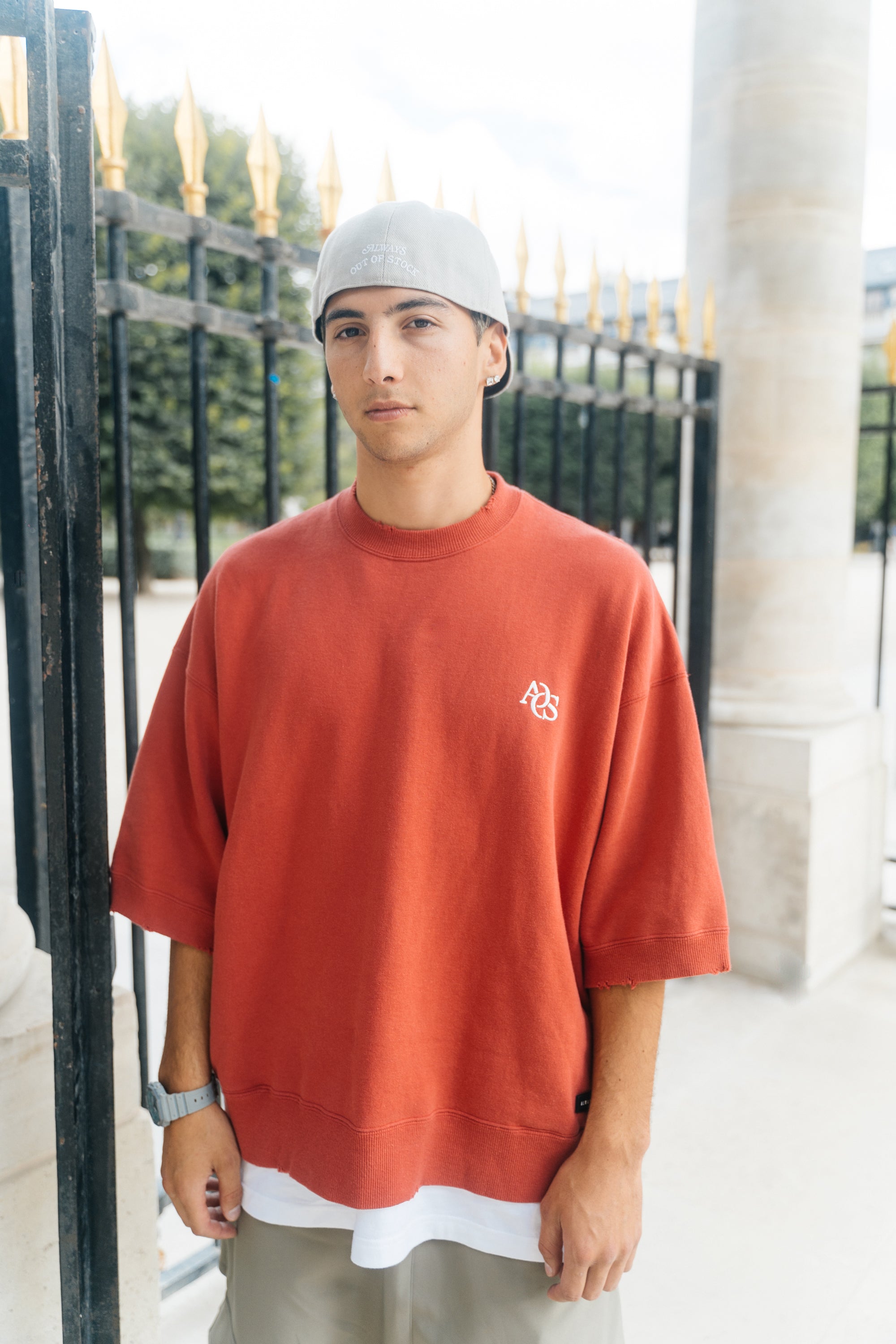 WASHED DAMAGED HALF SLEEVE CREWNECK-DUSTY RED