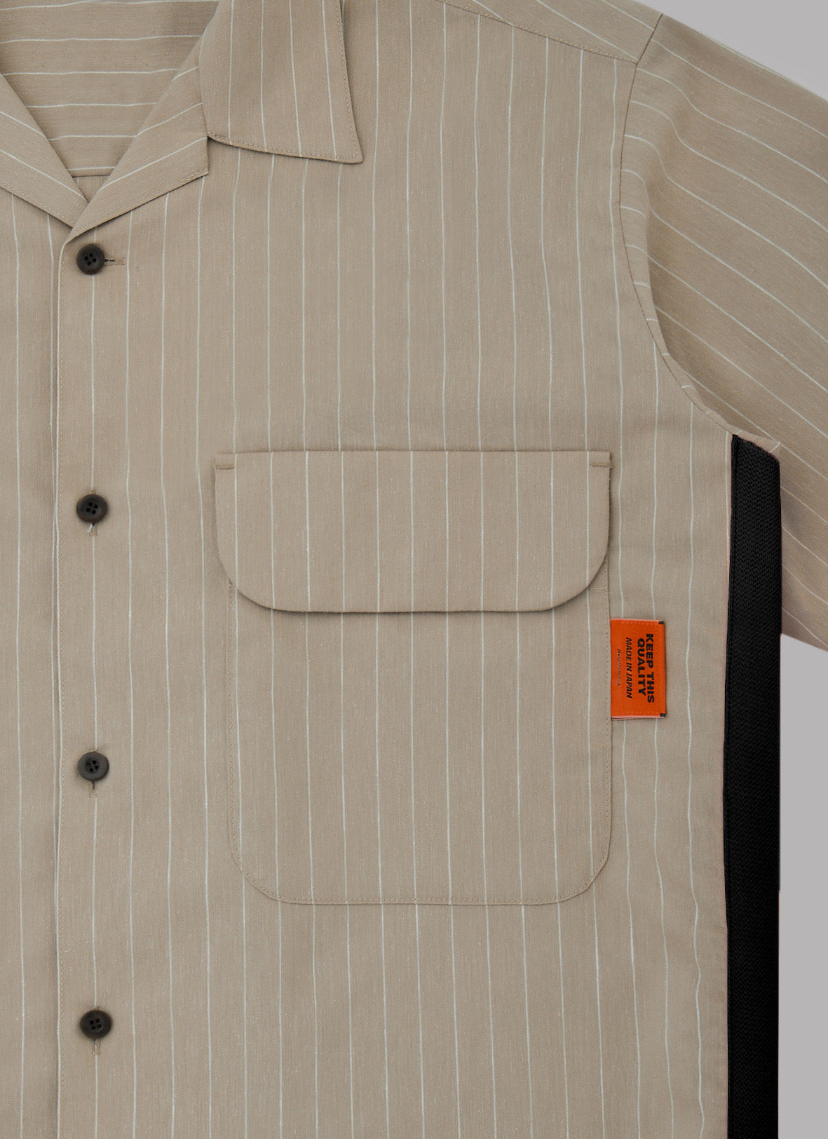 SIDE STRIPE OPEN COLLAR LINEN SHIRT-BEIGE