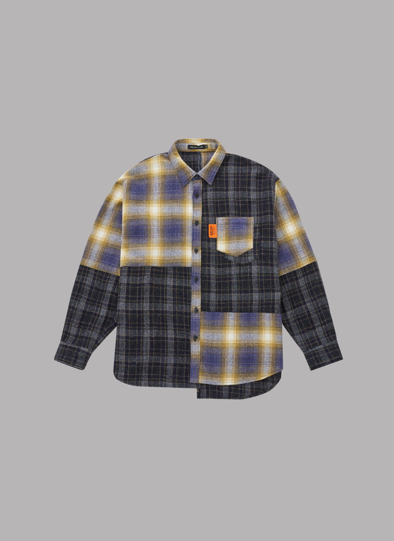 L/S CRAZY CHECK SHIRT-NAVY/YELLOW