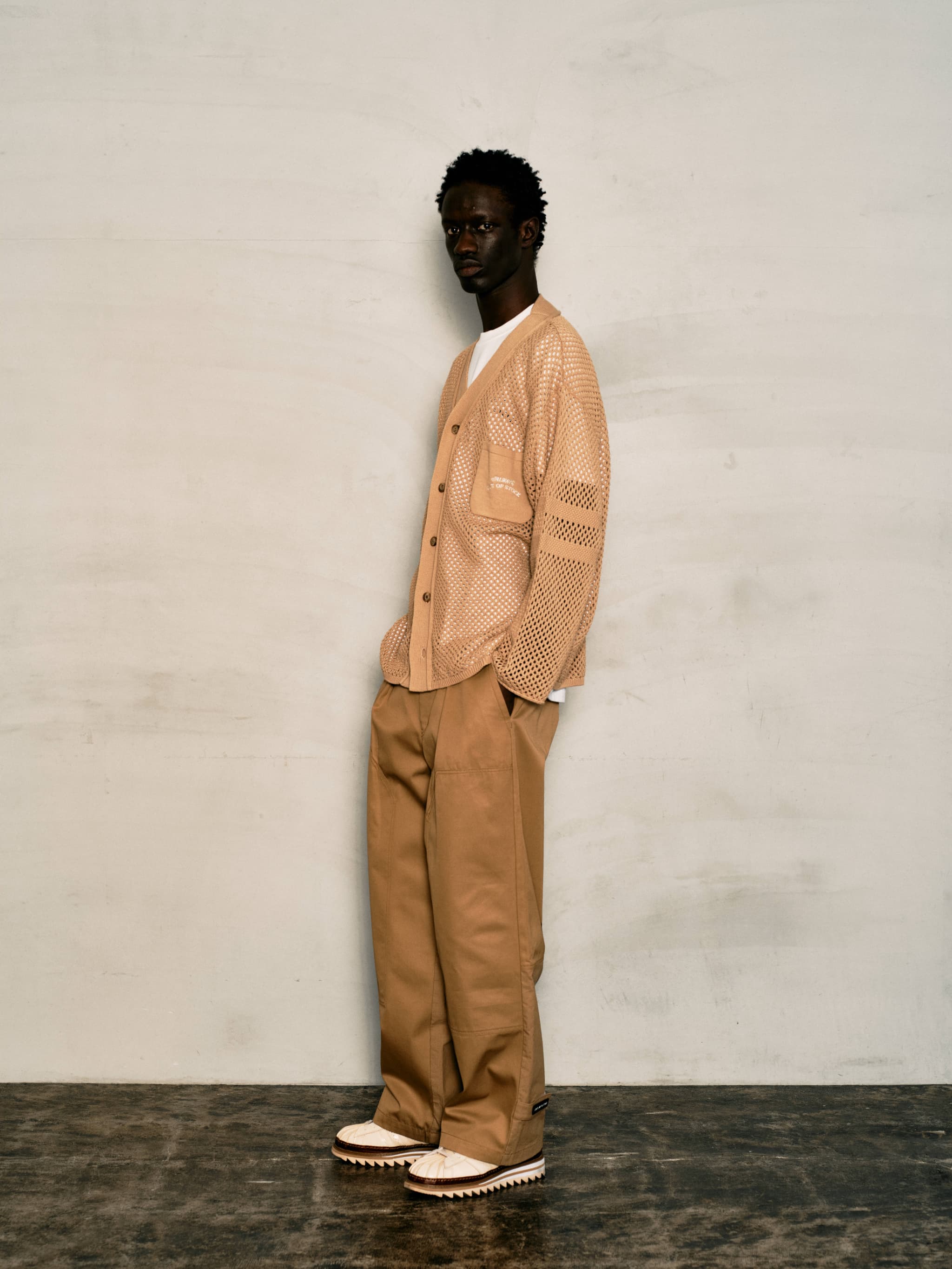 MESH KNIT BASEBALL CARDIGAN-BISCUIT