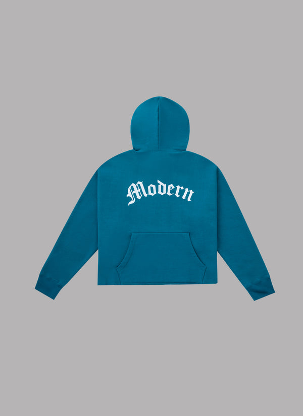 CUT OFF CROPPED THICK HOODIE-TURQUOISE