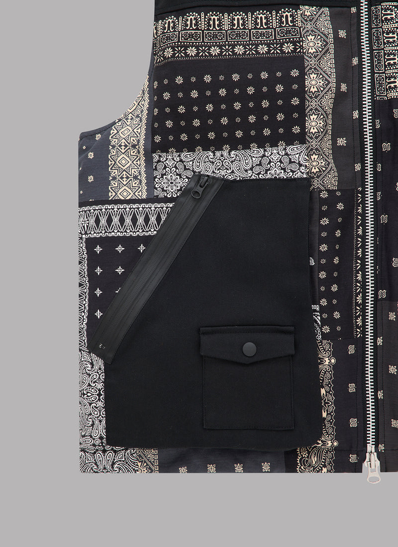 PAISLEY COMBINATION DOWN VEST-BLACK