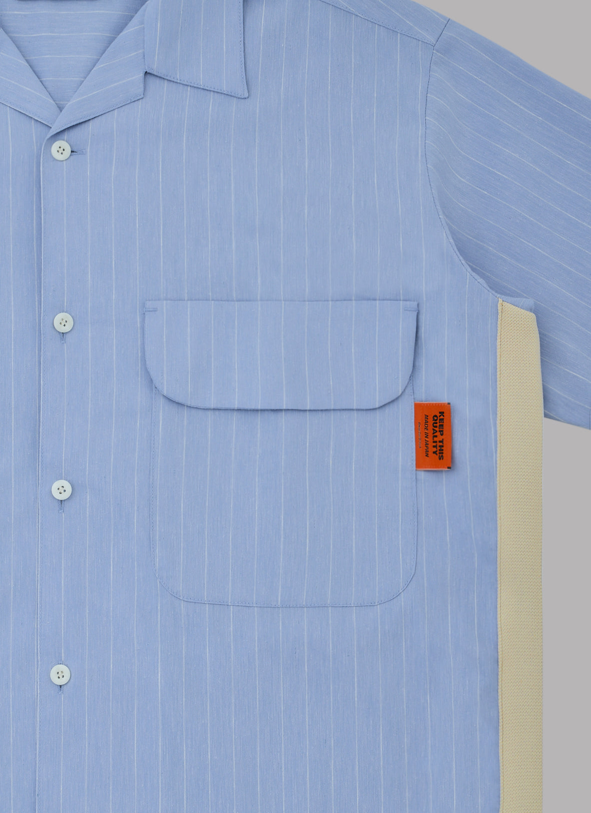 SIDE STRIPE OPEN COLLAR LINEN SHIRT-SAX