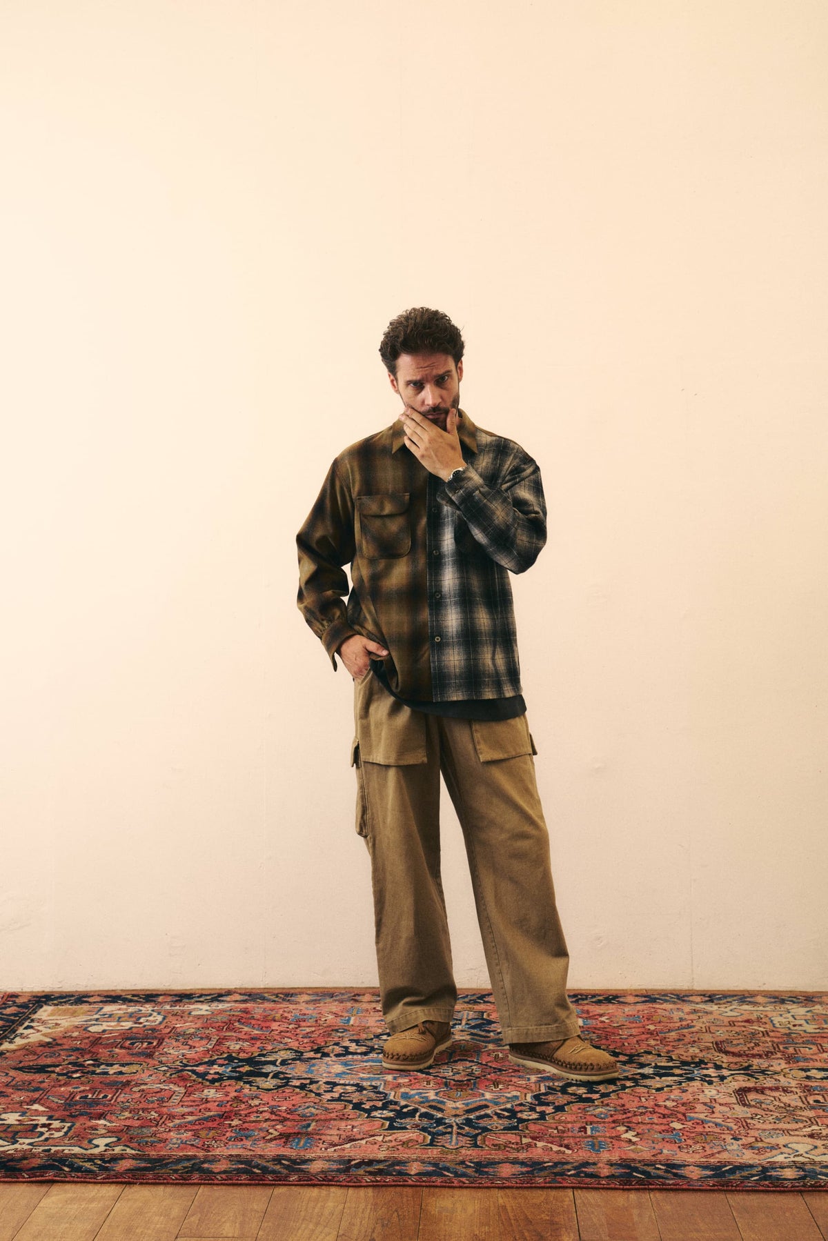 AOOS X PENDLETON OPEN COLLAR CHECKED SHIRT-BROWN