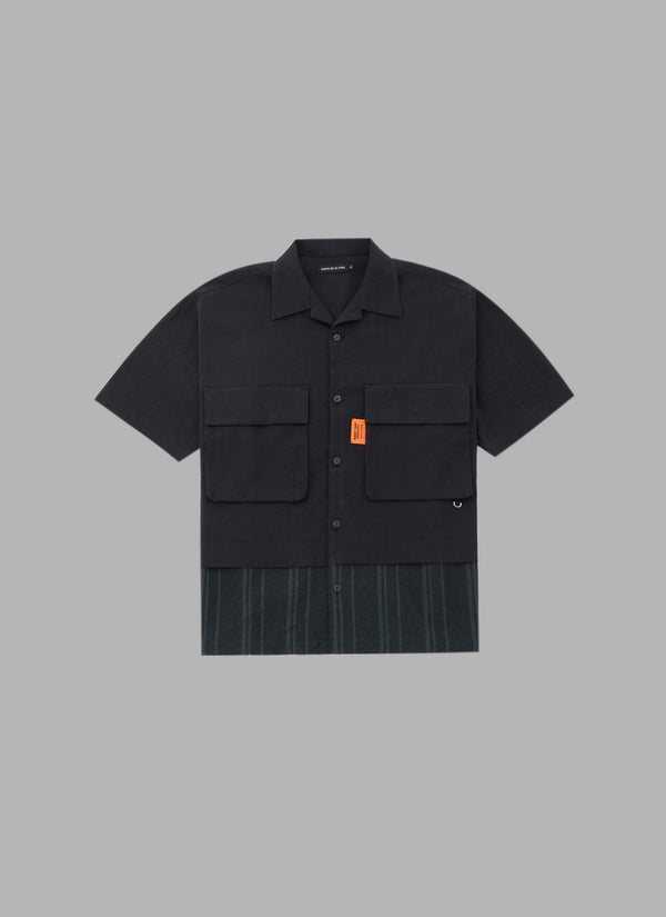 LINEN COMBINATION OPEN COLLAR SHIRT-BLACK