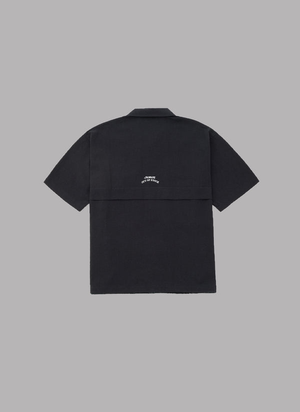 LINEN COMBINATION OPEN COLLAR SHIRT-BLACK