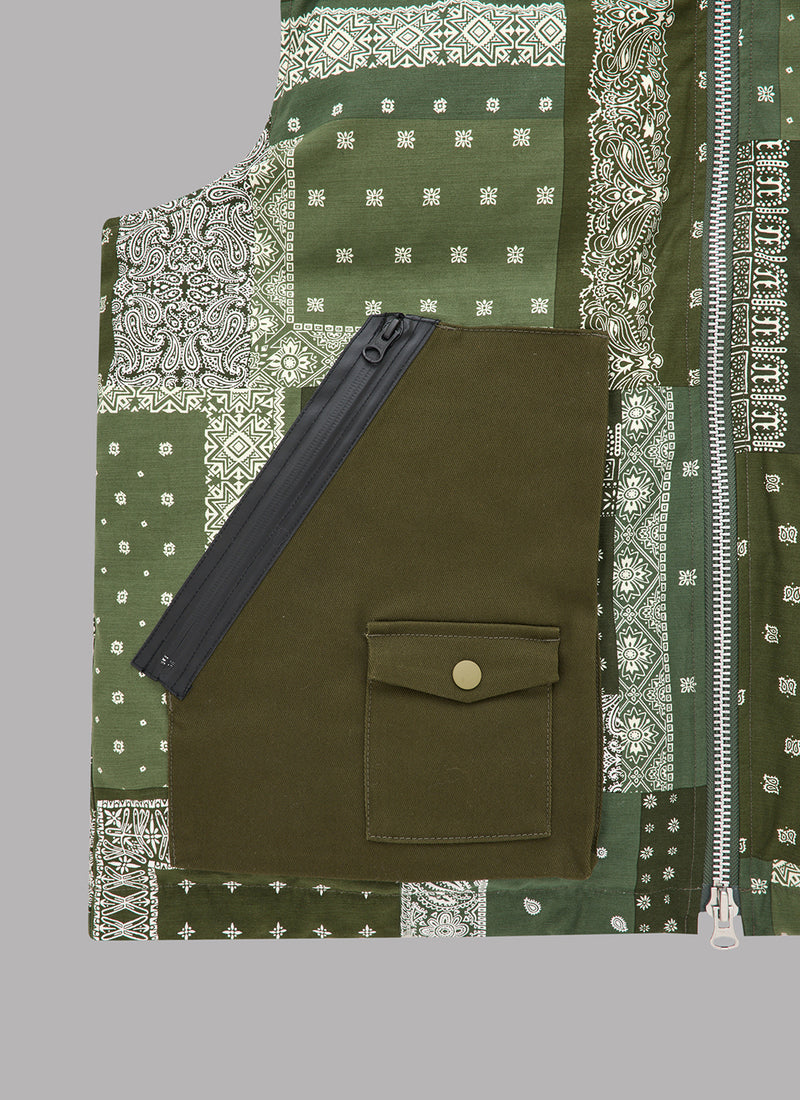 PAISLEY COMBINATION DOWN VEST-KHAKI