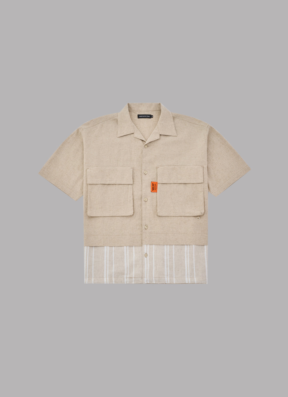 LINEN COMBINATION OPEN COLLAR SHIRT-BEIGE