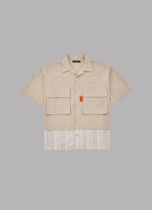 LINEN COMBINATION OPEN COLLAR SHIRT-BEIGE