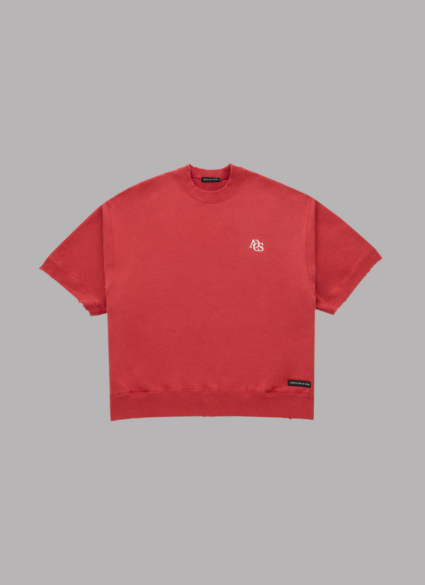 WASHED DAMAGED  HALF SLEEVE CREWNECK-DUSTY RED