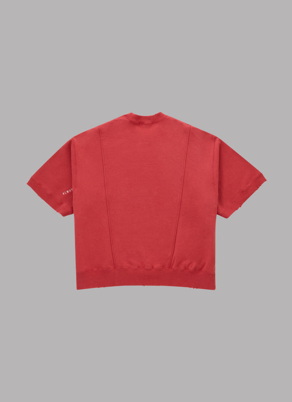 WASHED DAMAGED  HALF SLEEVE CREWNECK-DUSTY RED