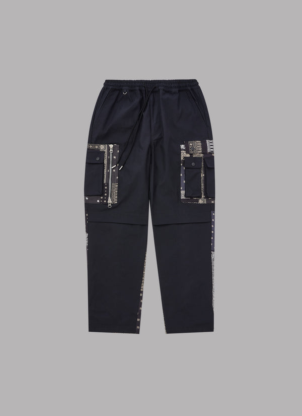 PAISLEY LAYERED POCKET FATIGUE PANTS-BLACK