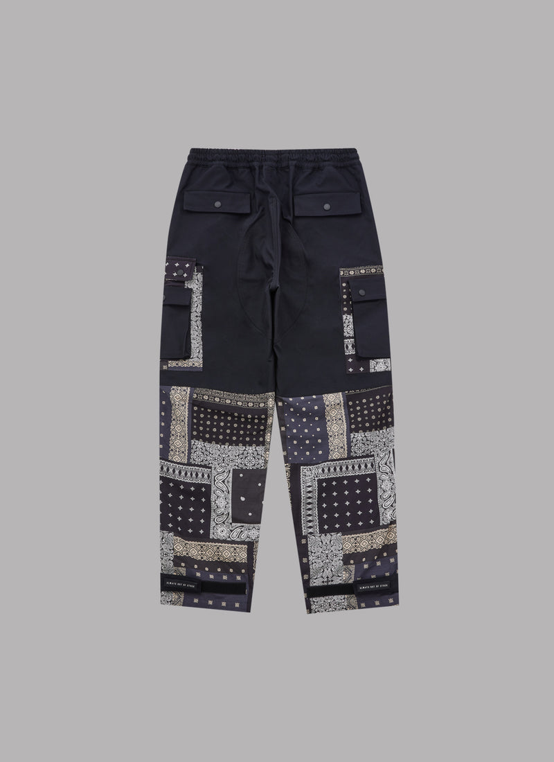 PAISLEY LAYERED POCKET FATIGUE PANTS-BLACK