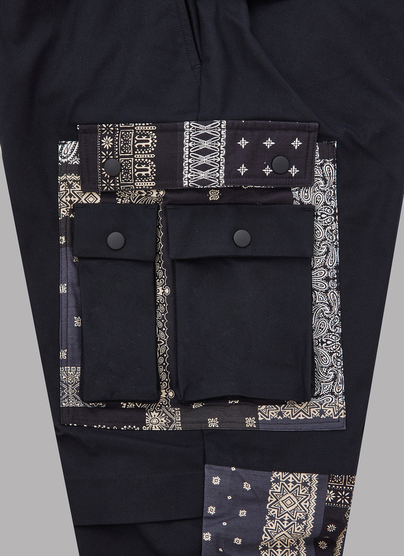 PAISLEY LAYERED POCKET FATIGUE PANTS-BLACK