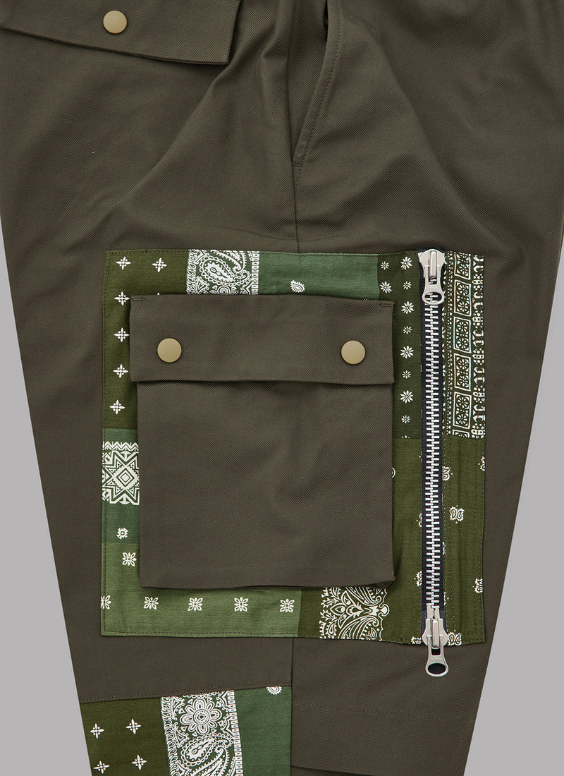 PAISLEY LAYERED POCKET FATIGUE PANTS-KHAKI