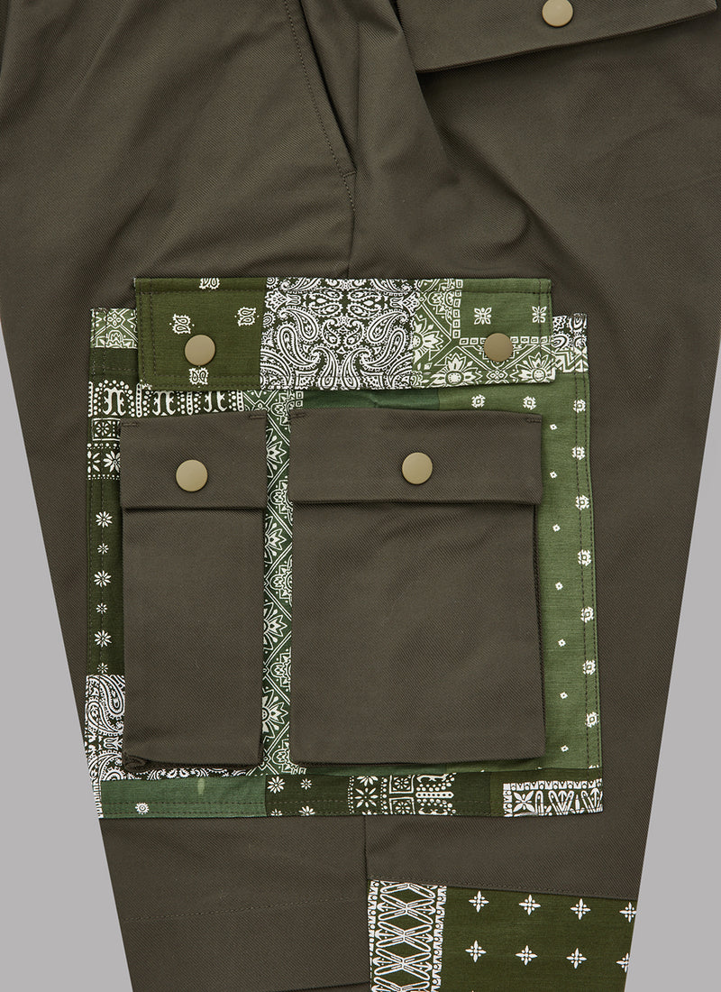 PAISLEY LAYERED POCKET FATIGUE PANTS-KHAKI