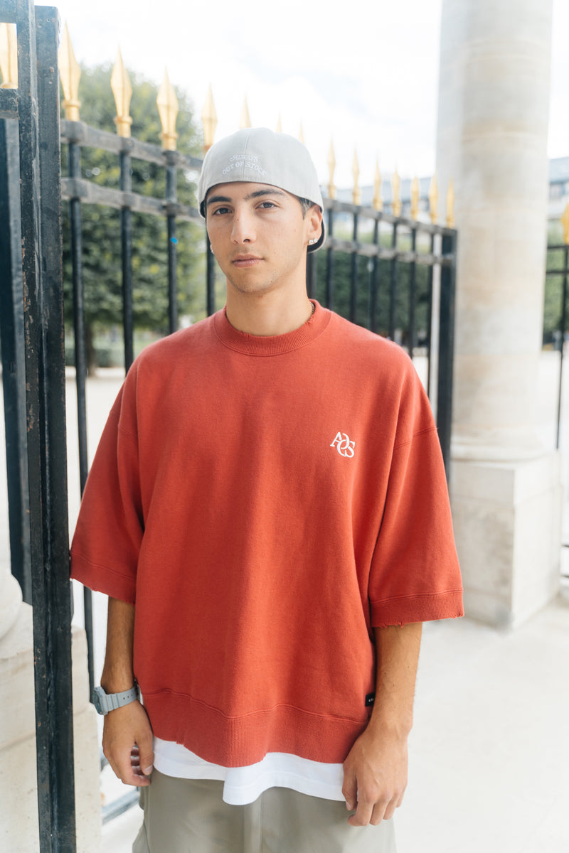 WASHED DAMAGED  HALF SLEEVE CREWNECK-DUSTY RED