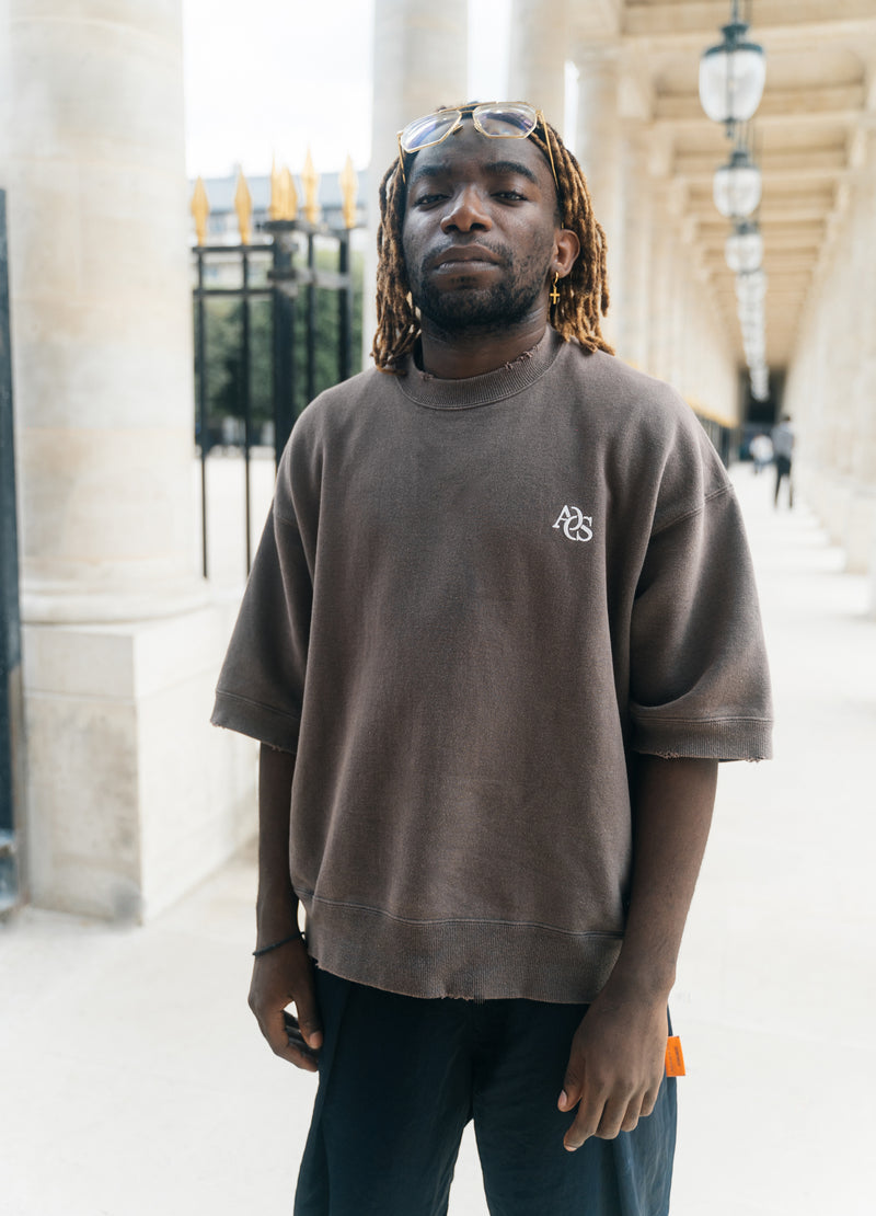 WASHED DAMAGED HALF SLEEVE CREWNECK-CHARCOAL