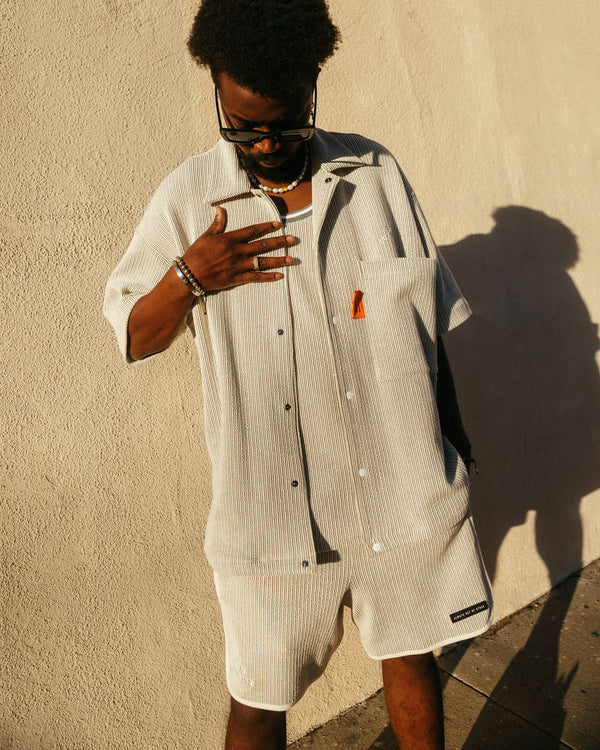 ・FRILL STRIPES S/S SHIRT-GRAY